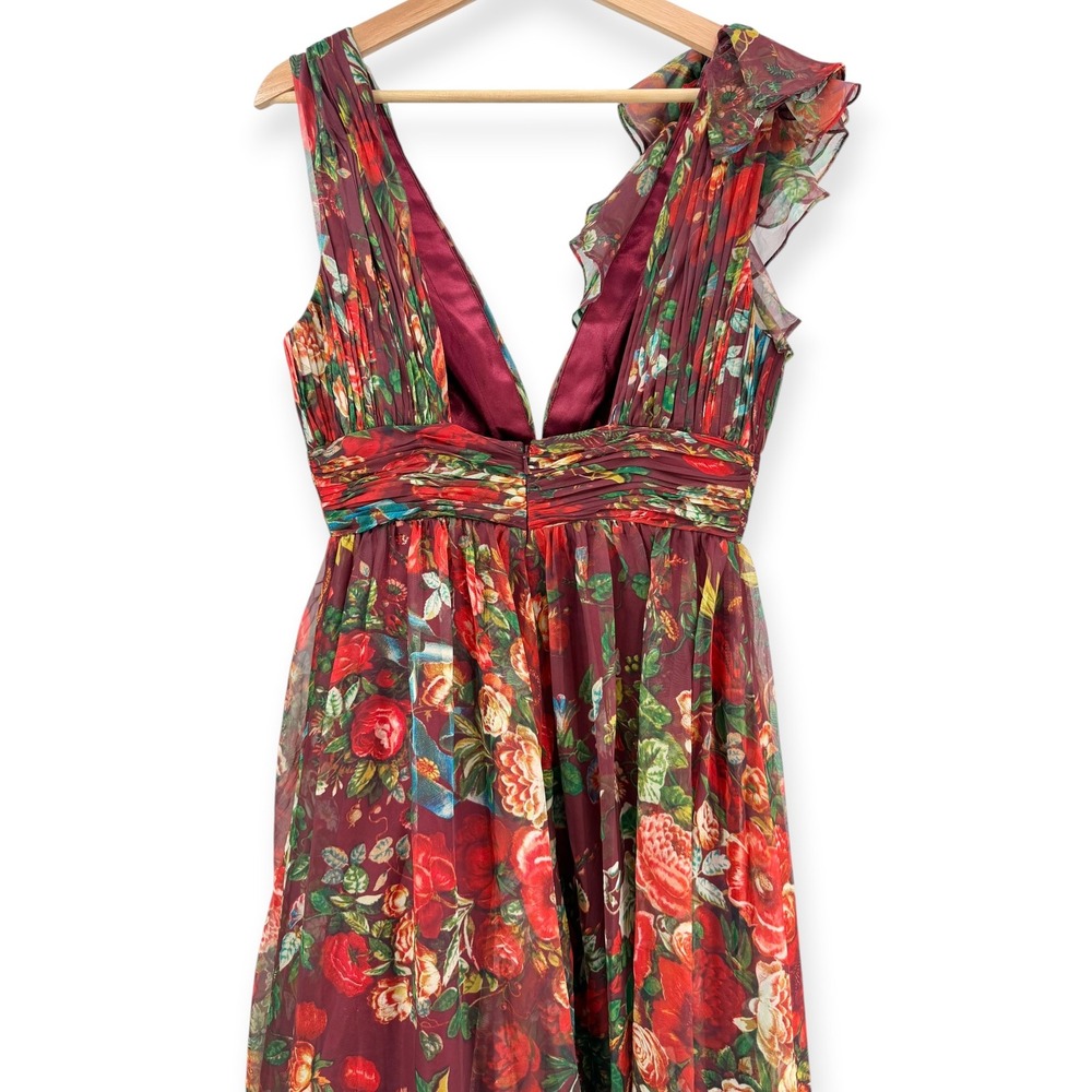Mac Duggal Wine Sleeveless V-Neck Floral Chiffon Ruffle Ball Gown - Size 6 - Picture 13 of 14